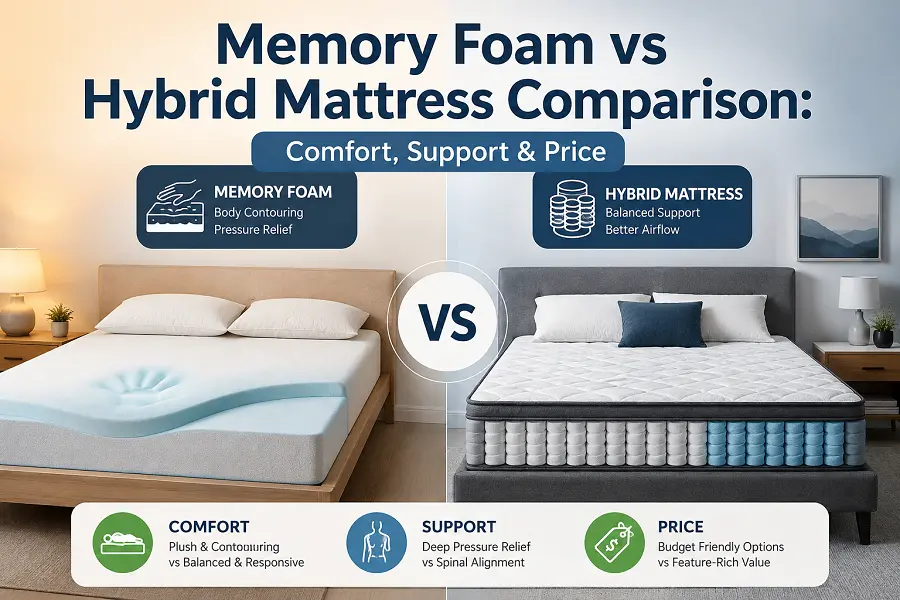 make a table comparing memory foam vs hybrid mattresses
